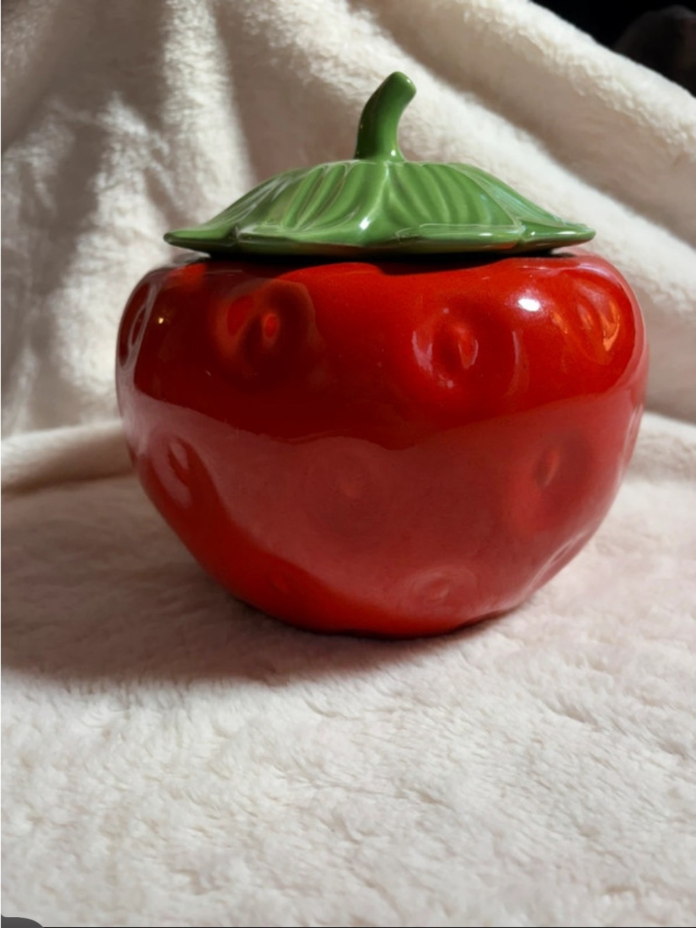 Vintage TELEFLORA Red Apple Ceramic Food Storage Jar with Green Leaf Lid